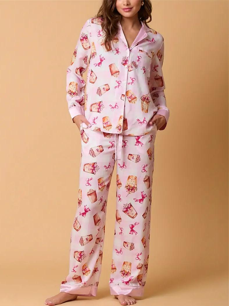 Pyjamaset met melktheeprint en overhemd met lange mouwen en strik