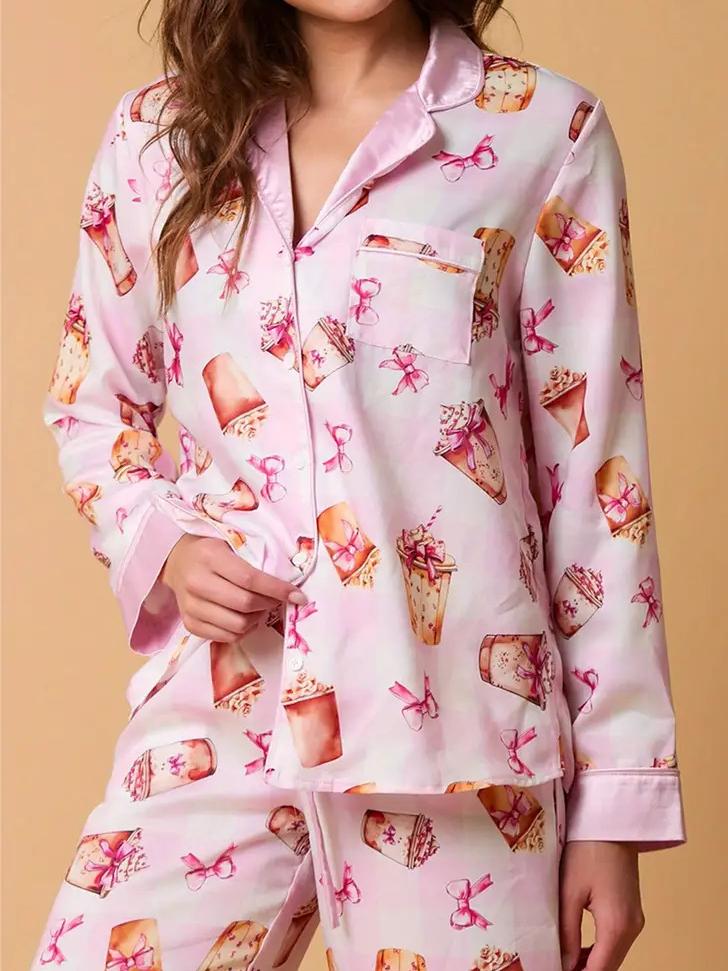 Pyjamaset met melktheeprint en overhemd met lange mouwen en strik