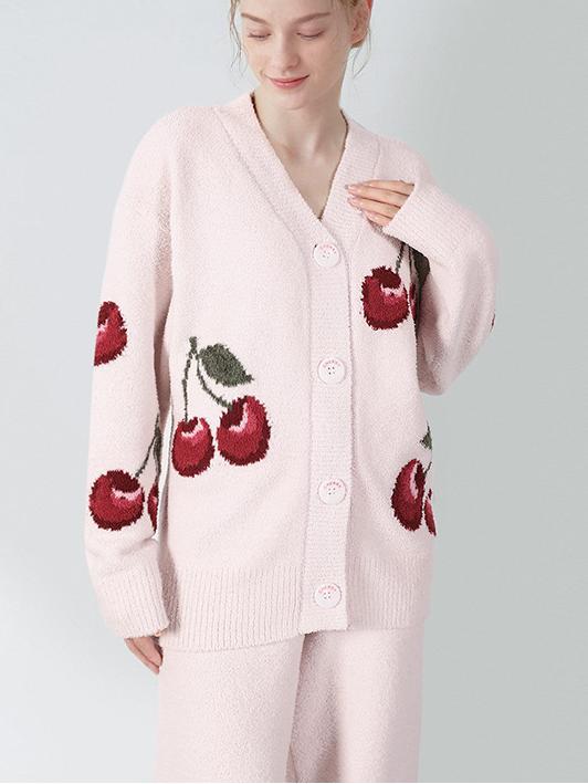 Zachte Halve Fluwelen Kersen Cardigan Pyjama Set