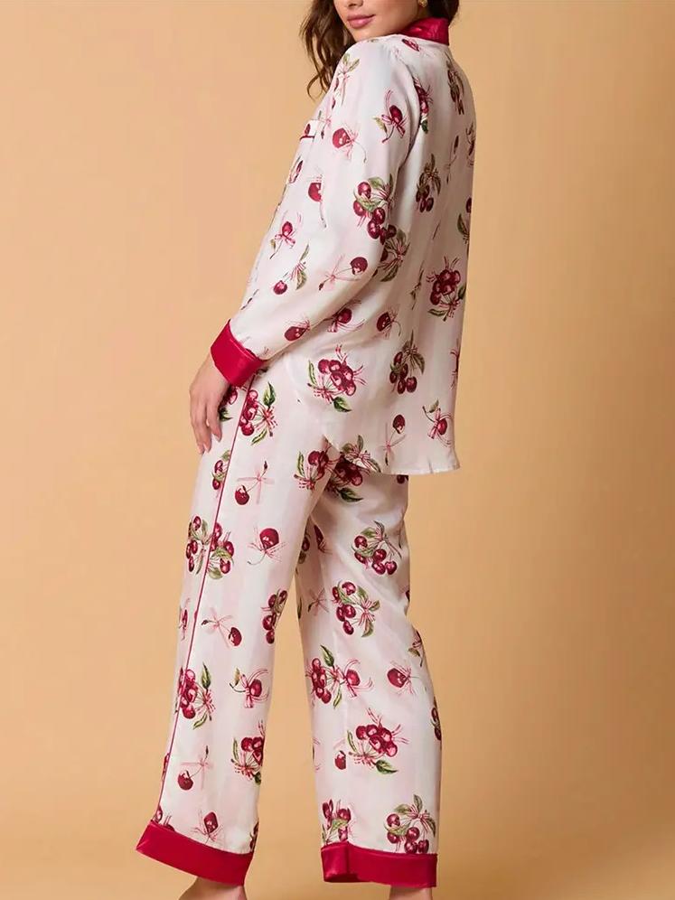 Lichtroze gestreepte kersenprint pyjama set
