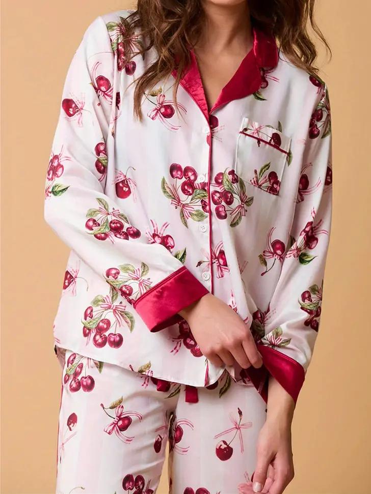 Lichtroze gestreepte kersenprint pyjama set