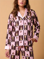 Geruite pyjamaset met wijnglasprint en shirt met lange mouwen