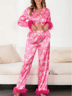 Boot & Feather Print Satijnen Pyjama Set