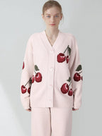 Zachte Halve Fluwelen Kersen Cardigan Pyjama Set