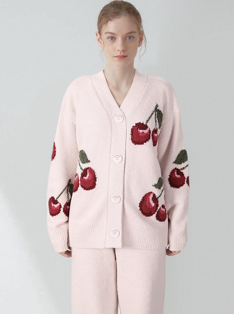 Zachte Halve Fluwelen Kersen Cardigan Pyjama Set