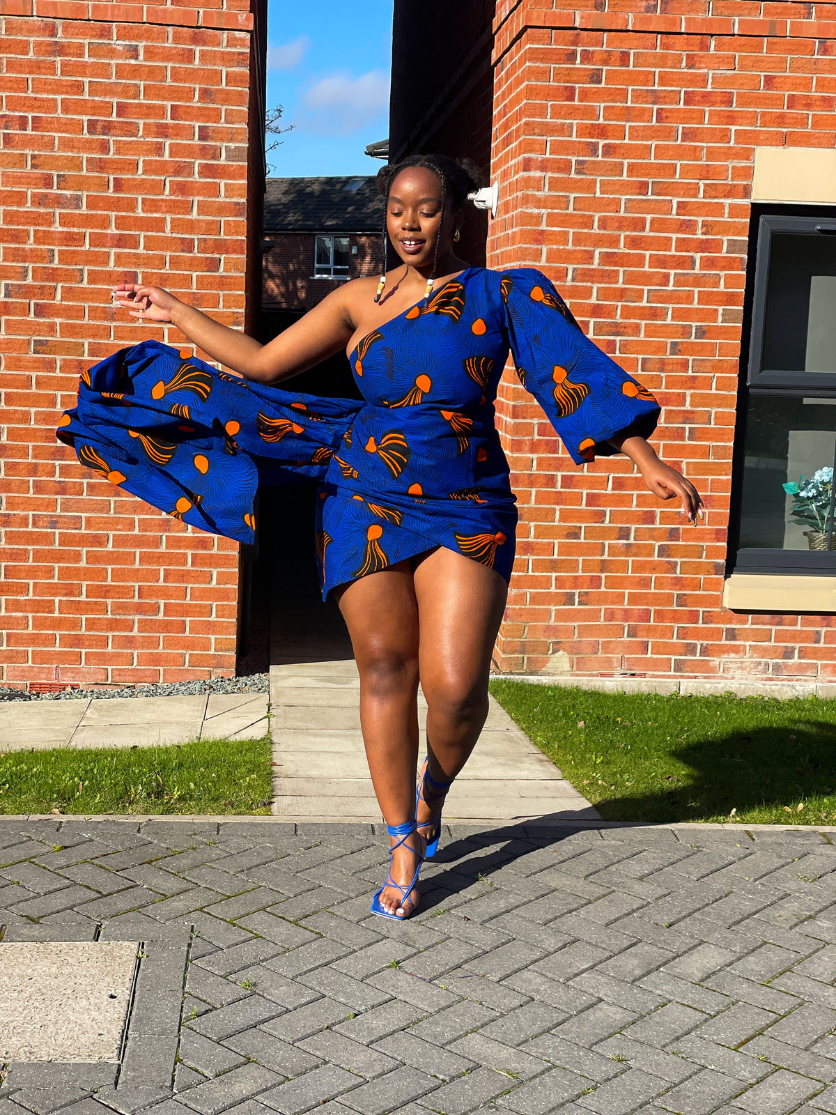 Fina Ankara Short Mini Dress | Blue and Orange African Print
