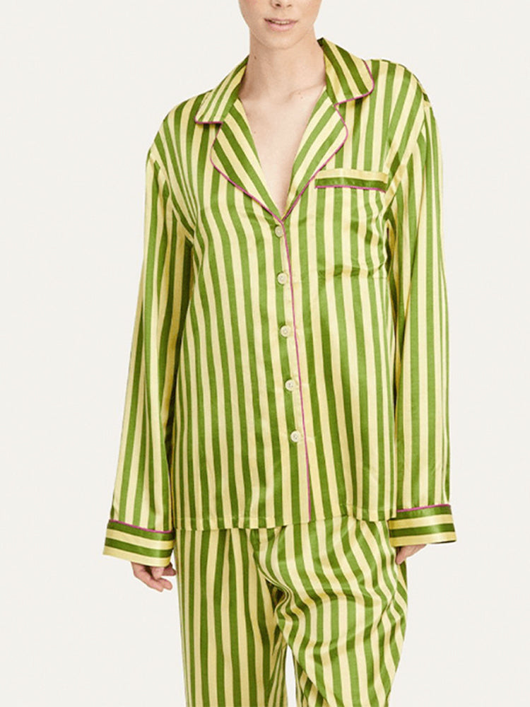 Vintage groene gestreepte pyjamaset met lange mouwen