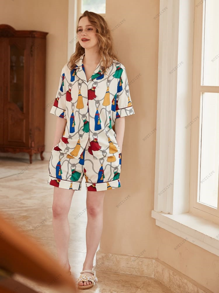 Loungewear-set met korte mouwen van ijszijde met franjepatroon
