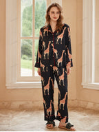 Loungewearset van ijszijde met lange mouwen en giraffen - Zwart