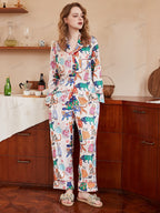 Schattige Kat Print IJszijde Lange Mouw Pyjama Set