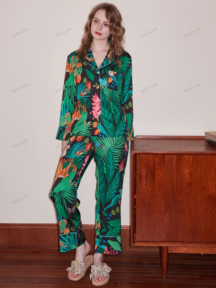 Loungewear-set met lange mouwen van ijszijde met tijger- en apenprint