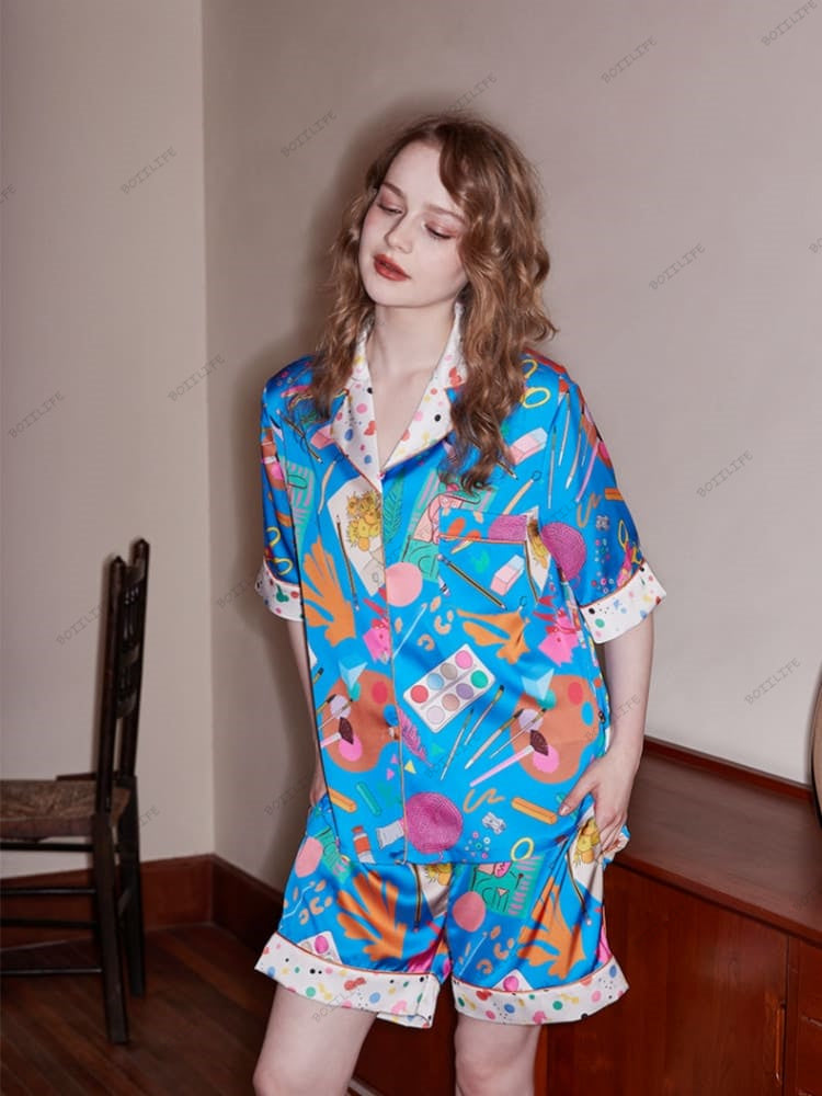 Casual loungewear-set met korte mouwen en briefpapierprint - Blauw