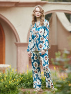 Blauwe Loungewear-set van ijszijde met lange mouwen en bloemenpatroon