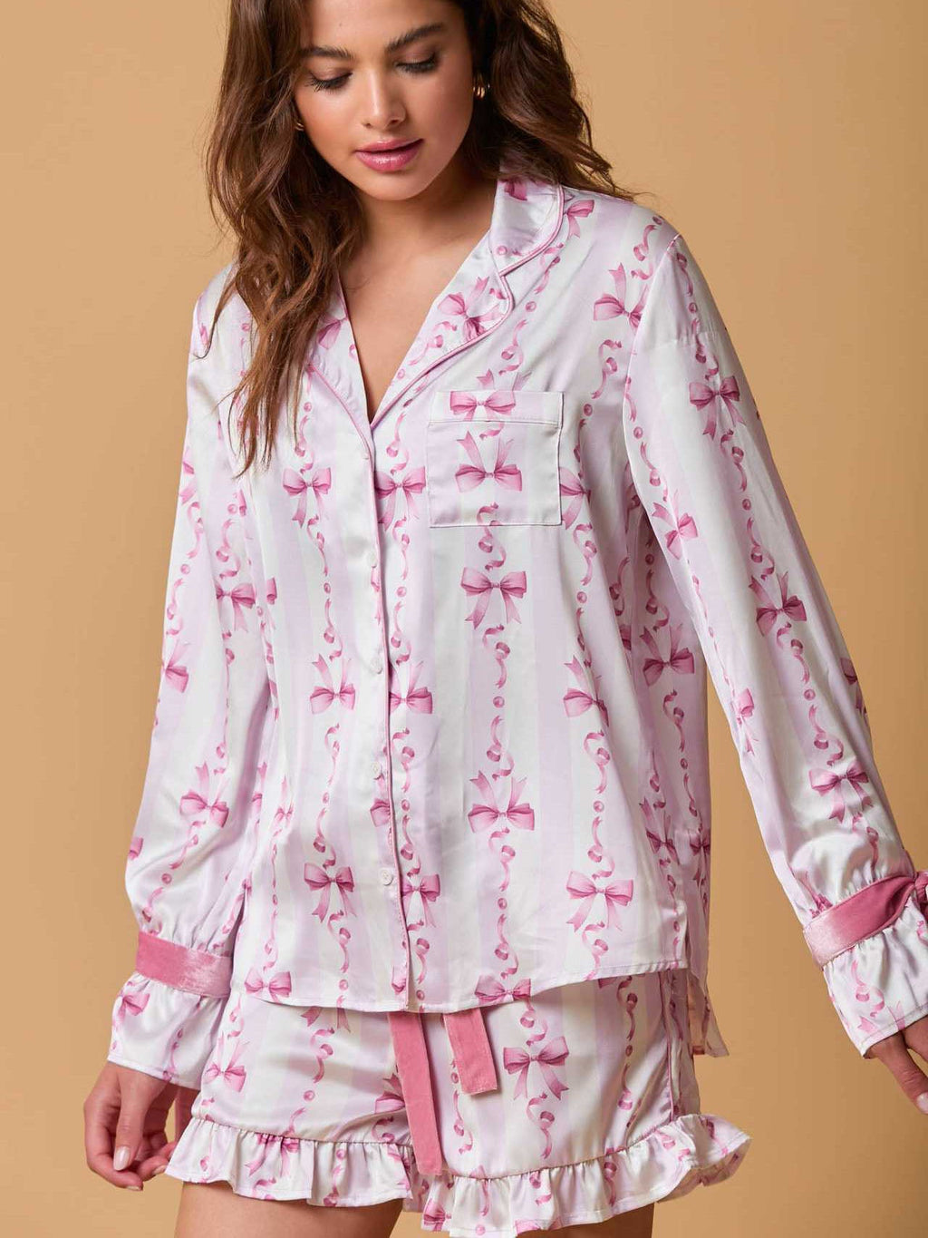 Boog Lange Mouwen Knopsluiting Pyjama Set