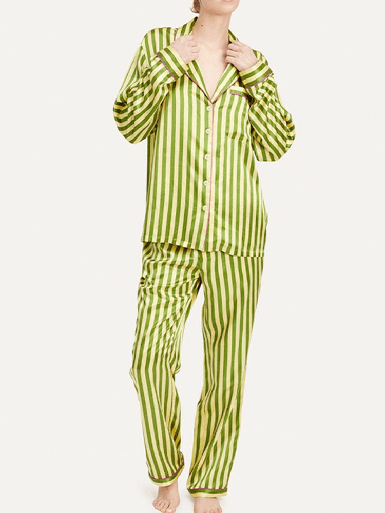 Vintage groene gestreepte pyjamaset met lange mouwen