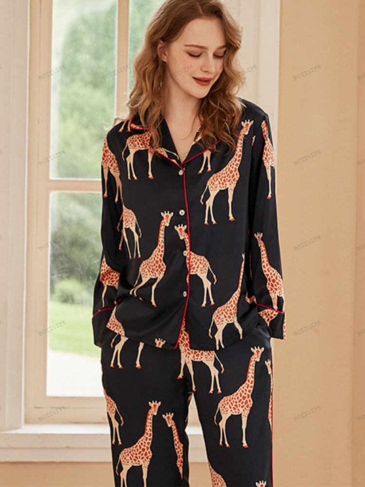 Loungewearset van ijszijde met lange mouwen en giraffen - Zwart