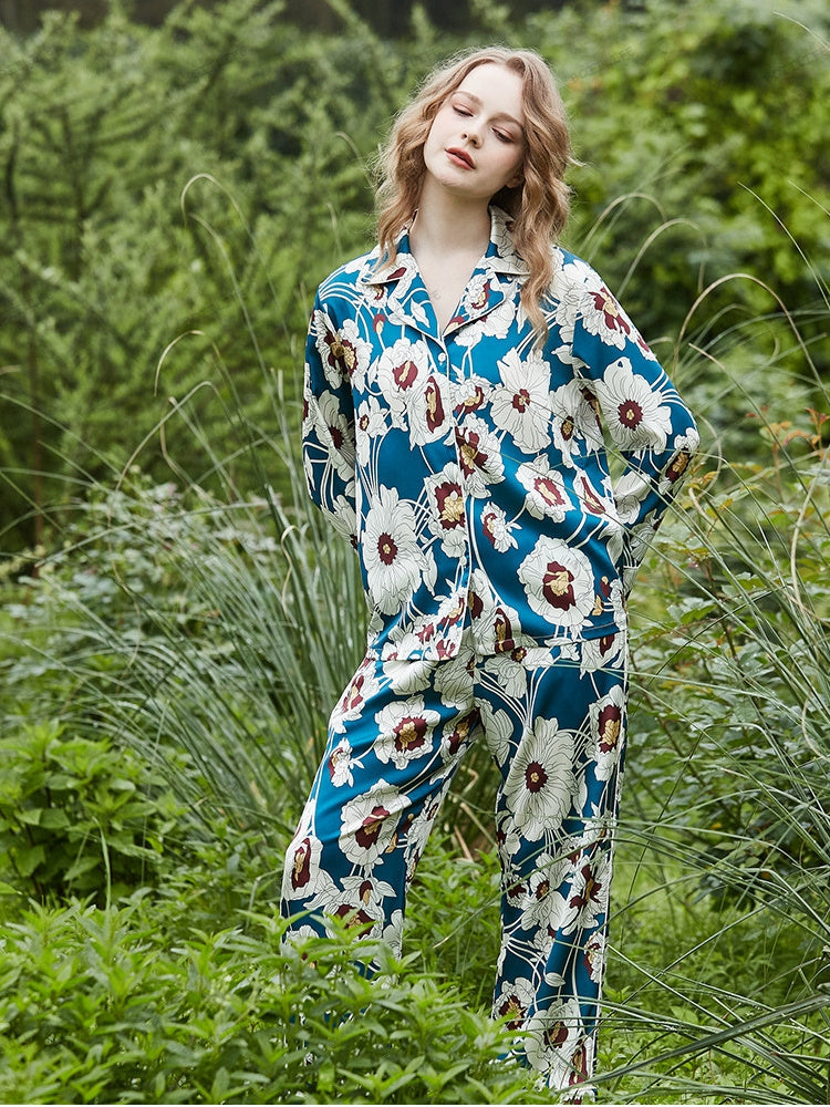 Blauwe Loungewear-set van ijszijde met lange mouwen en bloemenpatroon