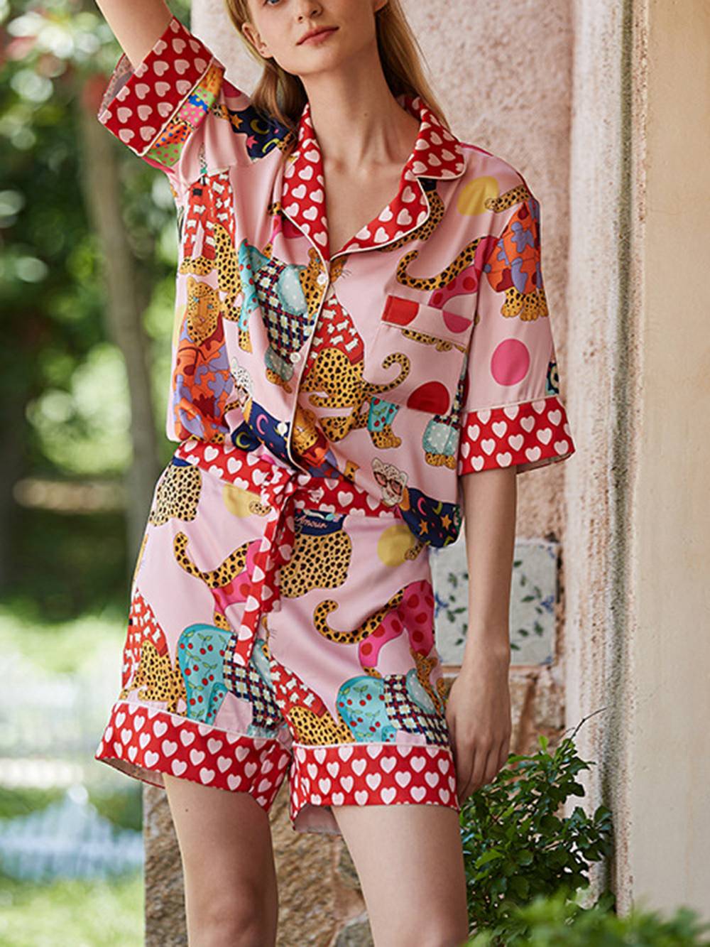 Dressing Zijden pyjamaset met luipaardprint