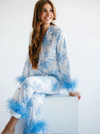 Blauwe Bloemenprint Satijnen Pyjama Set