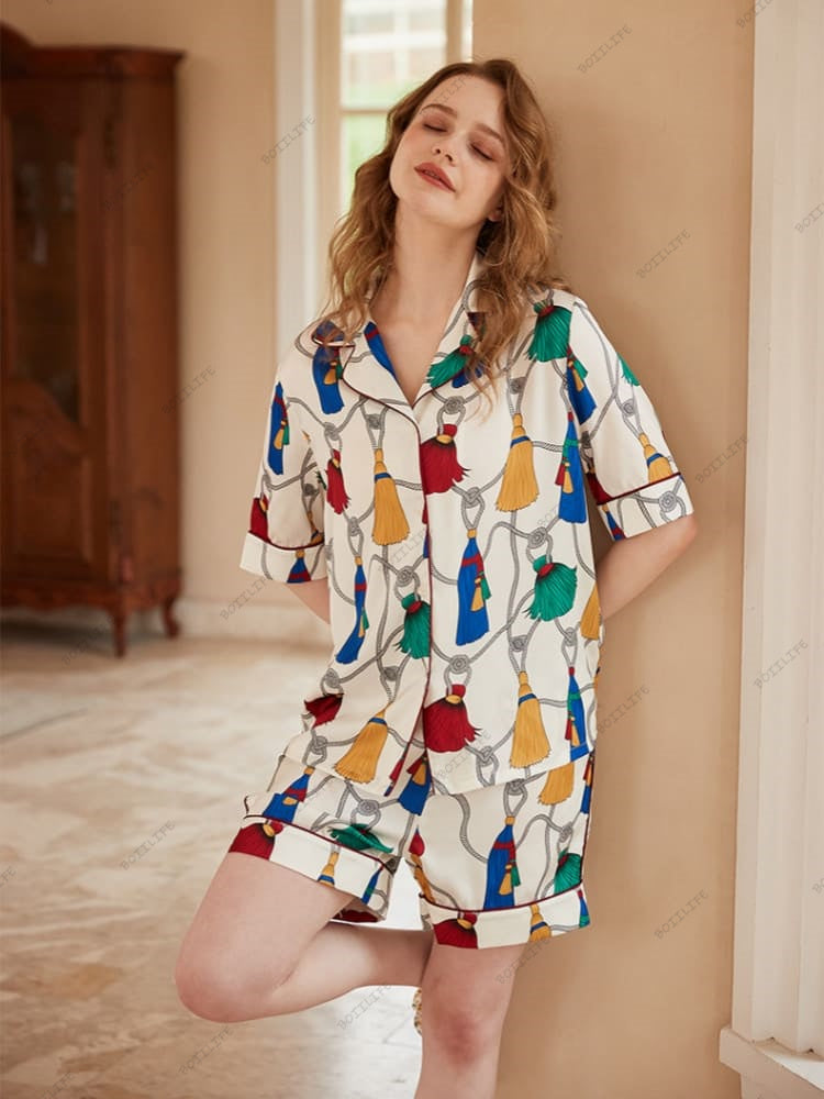 Loungewear-set met korte mouwen van ijszijde met franjepatroon