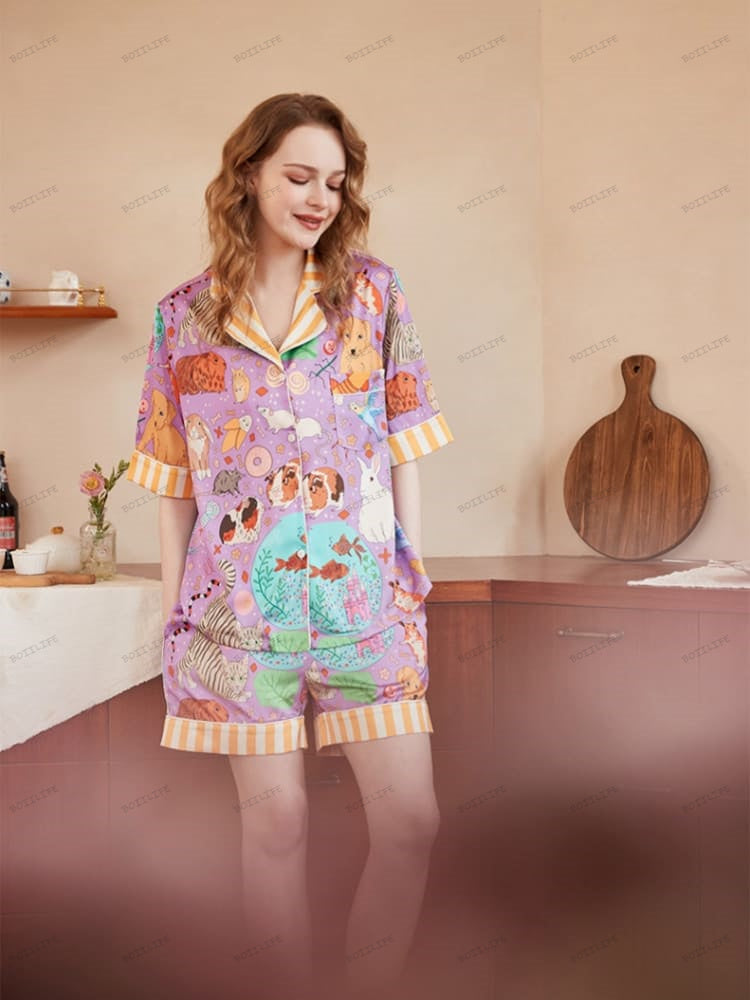 Loungewearset met cavia- en visprint van ijszijde met korte mouwen