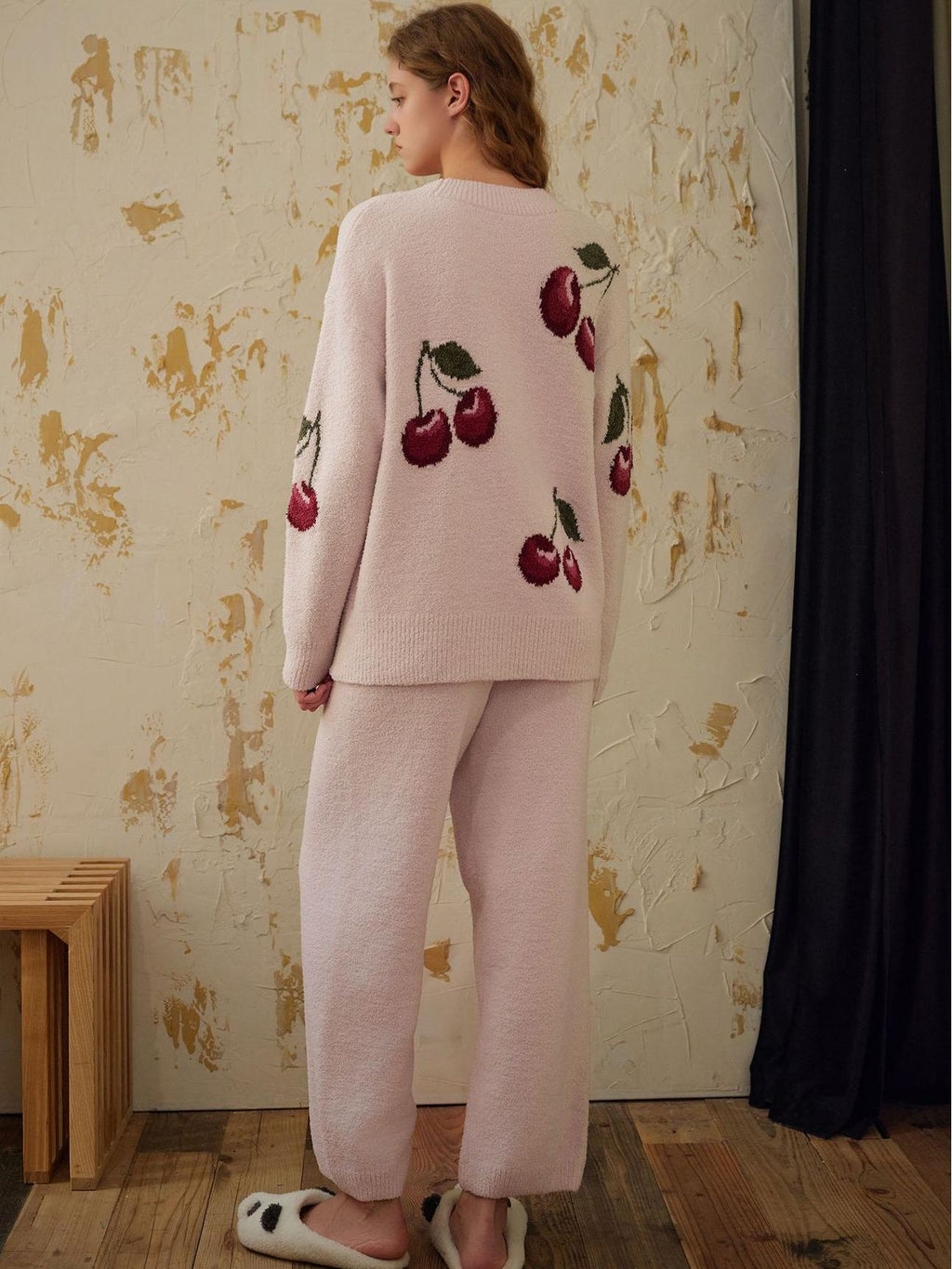 Zachte Halve Fluwelen Kersen Cardigan Pyjama Set