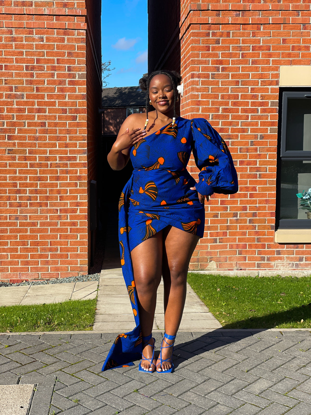 Fina Ankara Short Mini Dress | Blue and Orange African Print