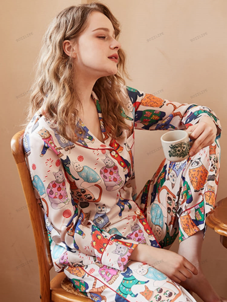 Schattige Kat Print IJszijde Lange Mouw Pyjama Set