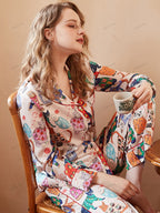 Schattige Kat Print IJszijde Lange Mouw Pyjama Set