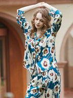 Blauwe Loungewear-set van ijszijde met lange mouwen en bloemenpatroon