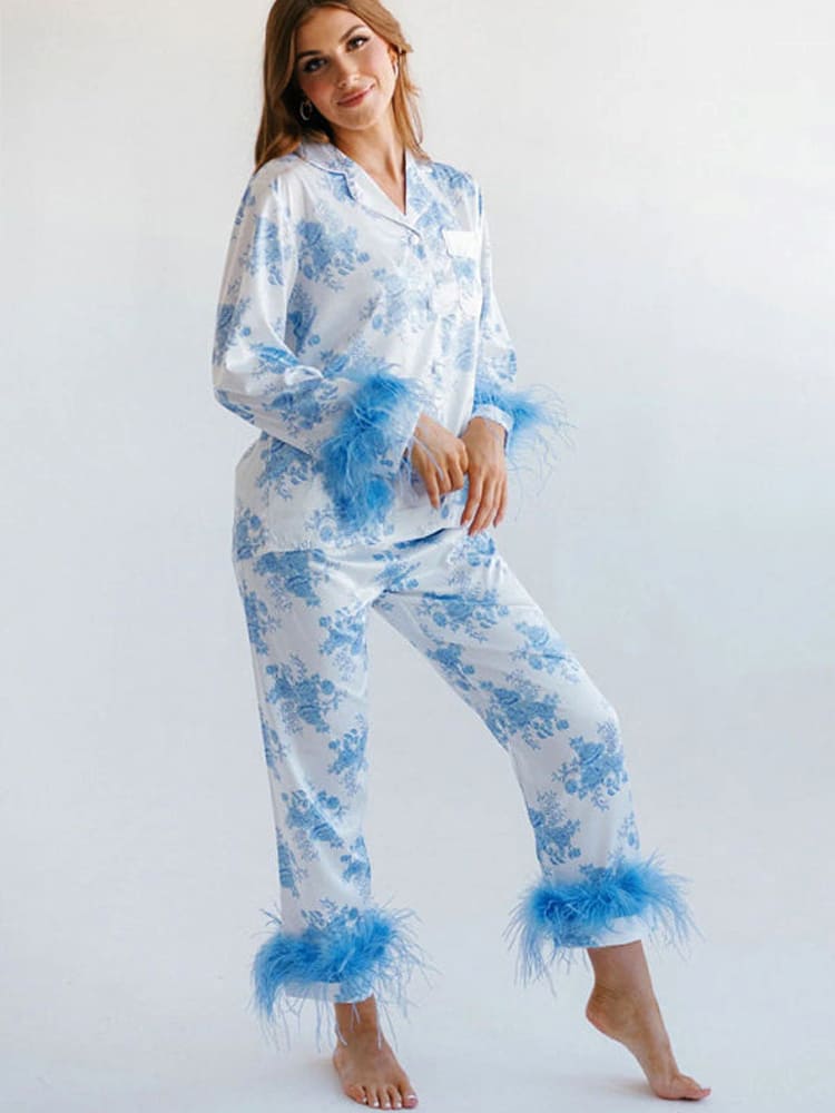 Blauwe Bloemenprint Satijnen Pyjama Set