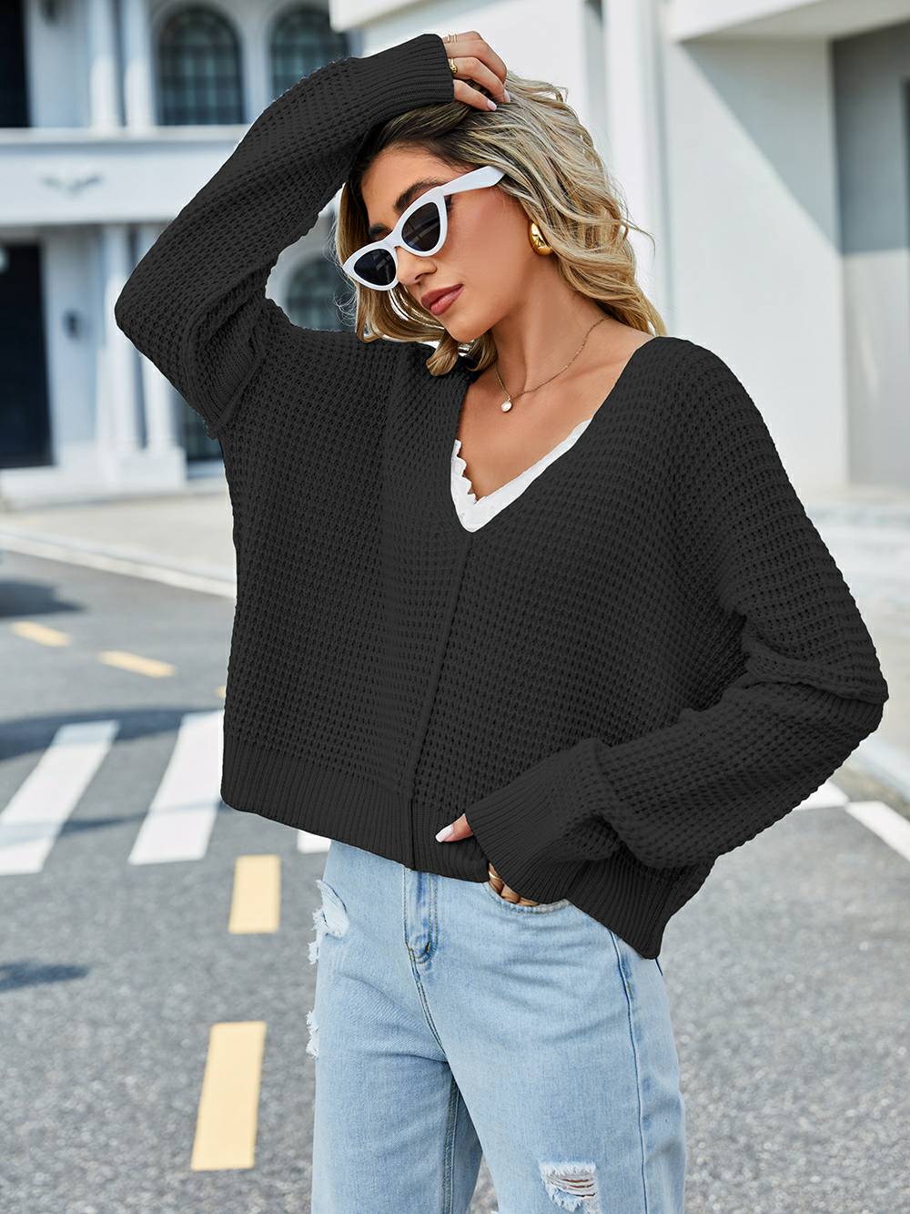 V-hals effen kleur off-shoulder gebreide trui