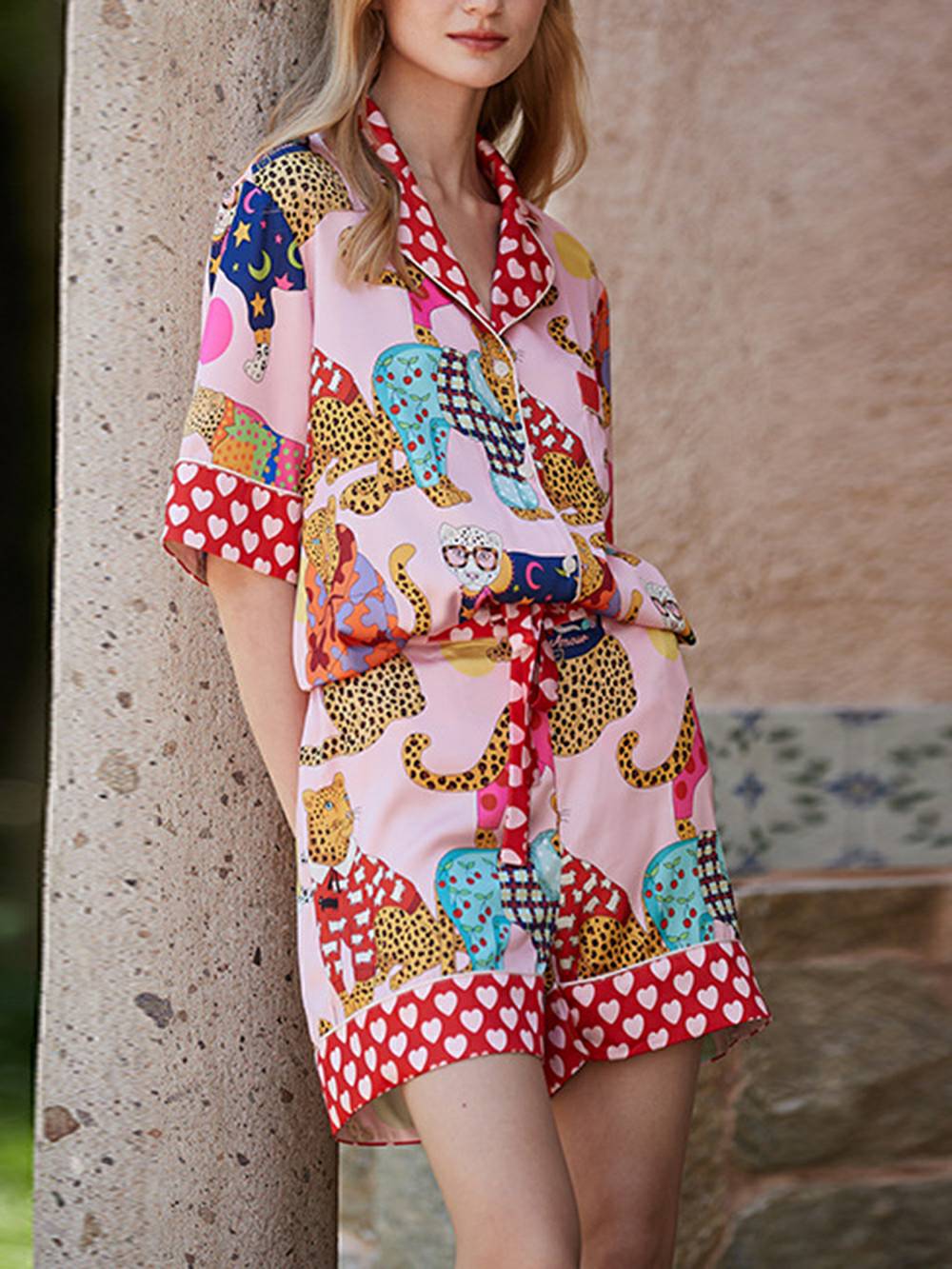 Dressing Zijden pyjamaset met luipaardprint