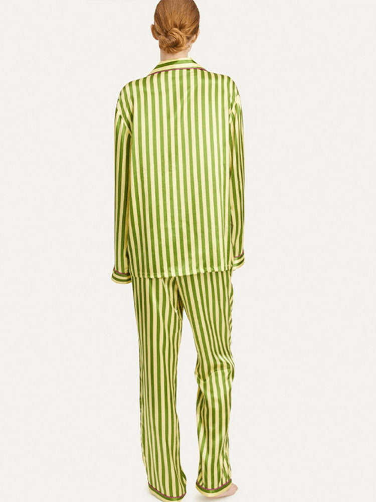 Vintage groene gestreepte pyjamaset met lange mouwen
