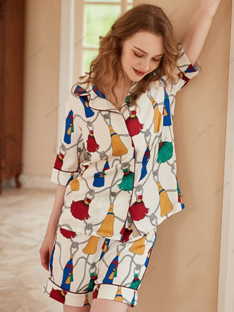 Loungewear-set met korte mouwen van ijszijde met franjepatroon