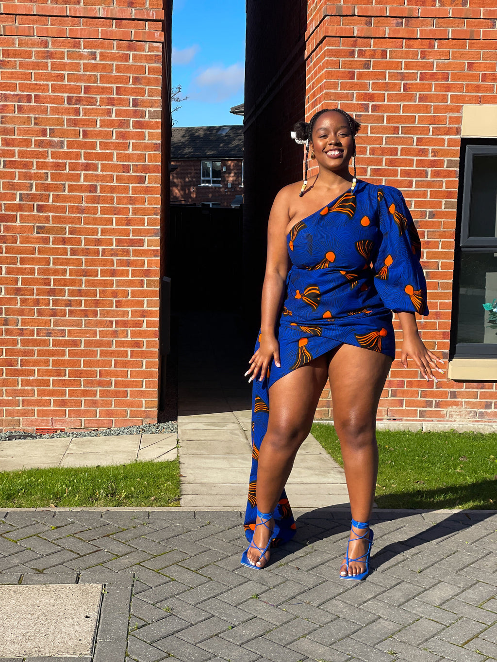 Fina Ankara Short Mini Dress | Blue and Orange African Print
