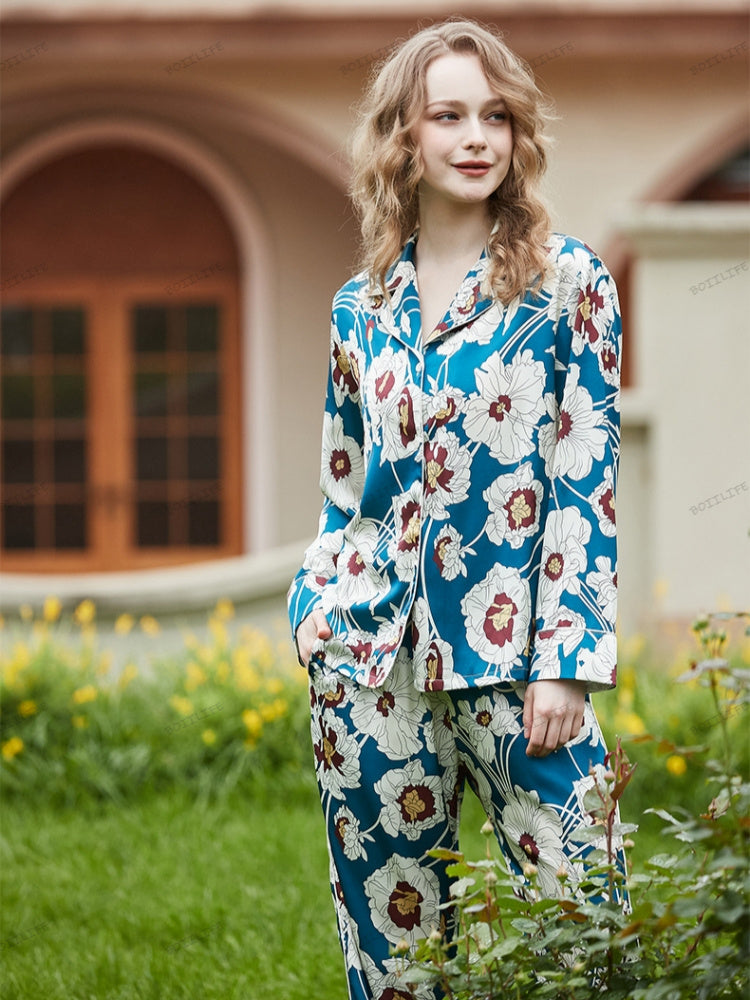Blauwe Loungewear-set van ijszijde met lange mouwen en bloemenpatroon