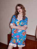 Casual loungewear-set met korte mouwen en briefpapierprint - Blauw
