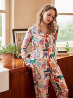 Schattige Kat Print IJszijde Lange Mouw Pyjama Set