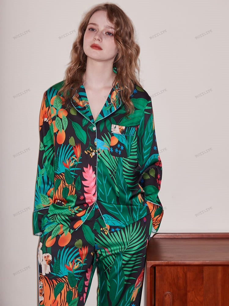 Loungewear-set met lange mouwen van ijszijde met tijger- en apenprint