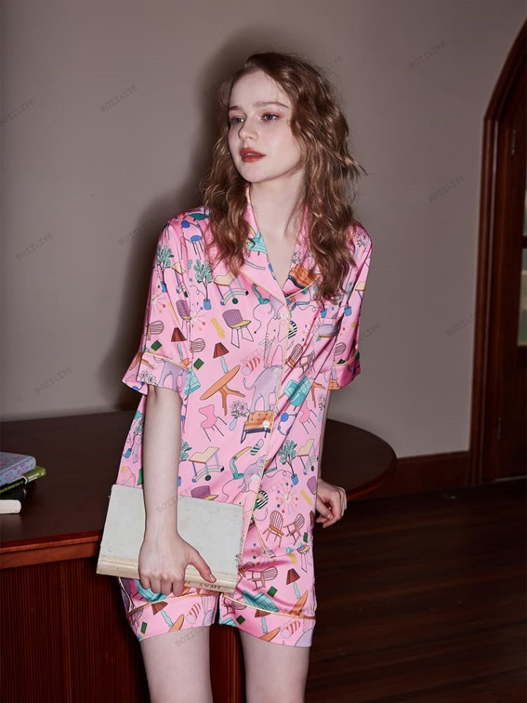 Loungewear-set met korte mouwen van ijszijde met olifanten- en meubelprint