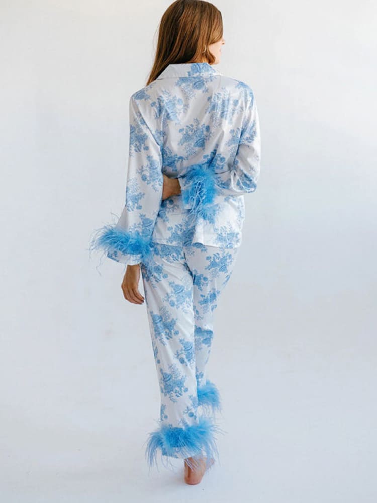 Blauwe Bloemenprint Satijnen Pyjama Set