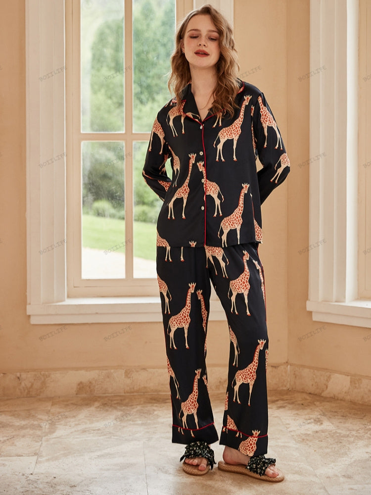 Loungewearset van ijszijde met lange mouwen en giraffen - Zwart