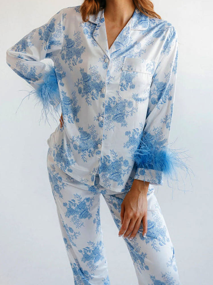 Blauwe Bloemenprint Satijnen Pyjama Set