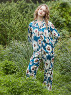 Blauwe Loungewear-set van ijszijde met lange mouwen en bloemenpatroon
