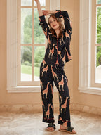 Loungewearset van ijszijde met lange mouwen en giraffen - Zwart
