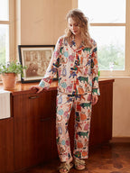 Schattige Kat Print IJszijde Lange Mouw Pyjama Set