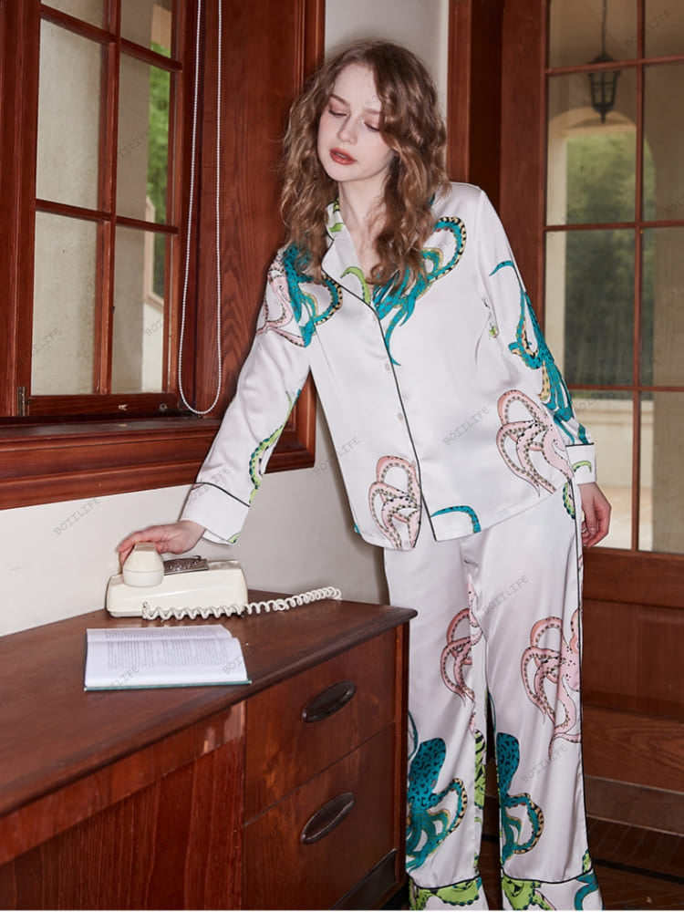 Octopus Print IJszijde Lange Mouwen Loungewear Set - Wit