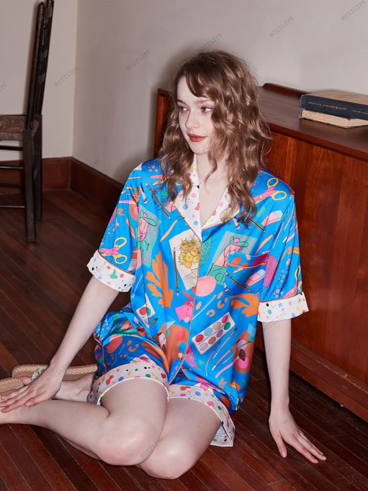 Casual loungewear-set met korte mouwen en briefpapierprint - Blauw