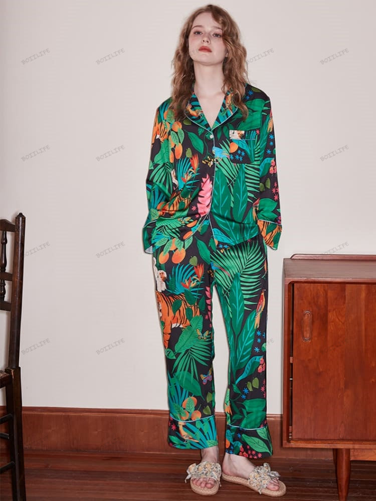 Loungewear-set met lange mouwen van ijszijde met tijger- en apenprint